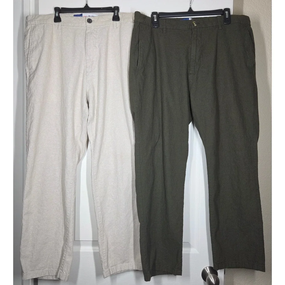 Lot of 2 Old Navy 90s Straight Linen Blend Pants Mens 38x30 Beige Heritage Green